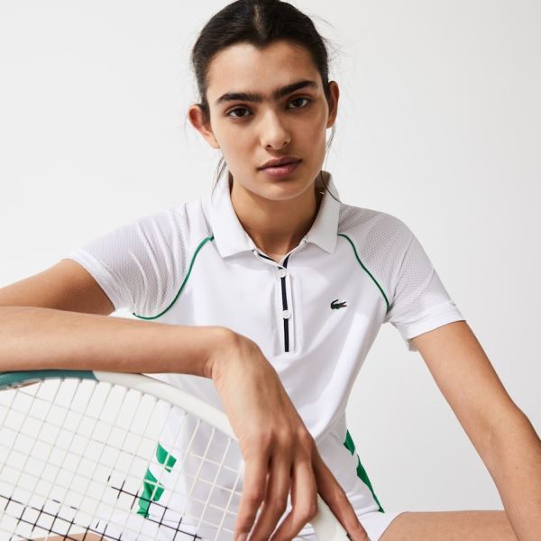 Lacoste SPORT Mixed-Matterial Breathable Stretch Tennis Polo - Polo Dámské Bílé / Zelene / Tmavě Bla